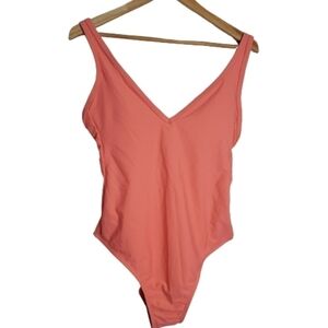 New Kona Sol Peach V-neck One Piece High Back Adjustable Straps Swimsuit Medium